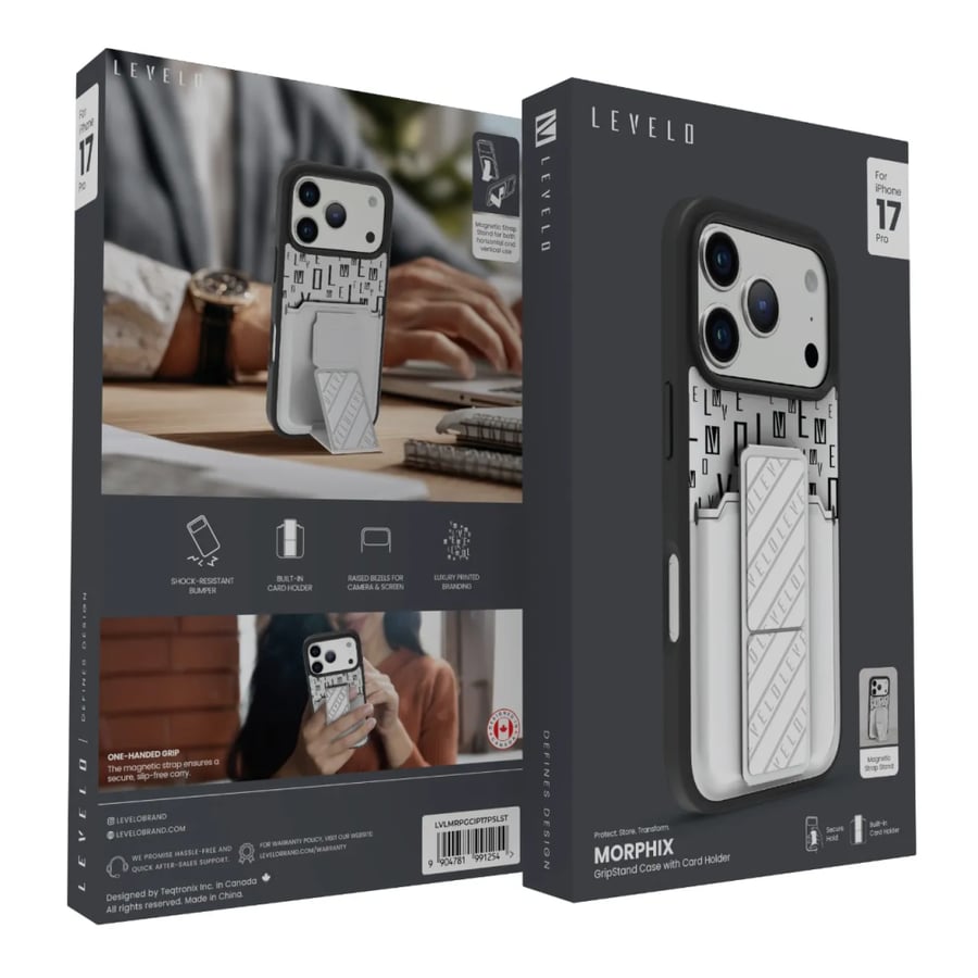 iPhone 17 phone cover with grip and card holder Murfix from Levelo silver stone color