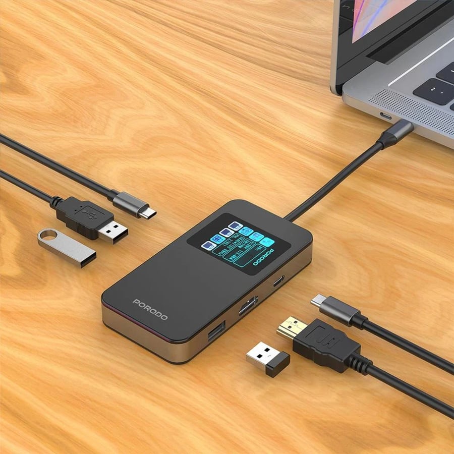 محور USB-C متعدد المنافذ 6 في 1 من بورودو مع شاشة رقمية ذكية - رمادي