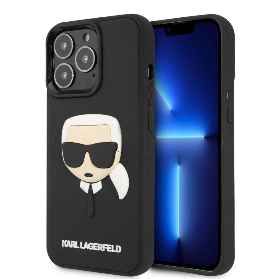 جراب Karl Lagerfeld من السيليكون مع واقي رأس Karl المطاطي ثلاثي الأبعاد متوافق مع iPhone 14 Pro Max - أسود