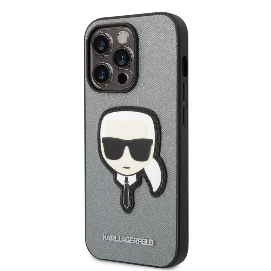 جراب Karl Lagerfeld PU Saffiano مع غطاء رأس Karl رفيع للغاية متوافق مع iPhone 14 Pro Max - فضي