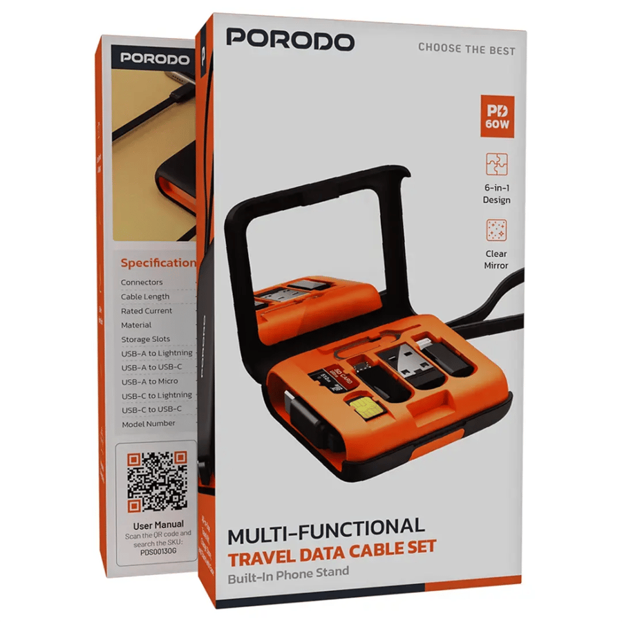 طقم كابل بيانات متعدد الوظائف للسفر من Porodo – برتقالي