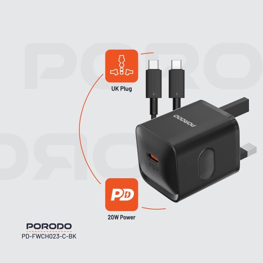 ورودو شاحن حائط USB نوع سي لتوصيل الطاقة مع كابل نوع سي الى نوع سي، شحن سريع بي دي 20 واط، حماية من الحرارة الزائدة، محمول وخفيف الوزن، قابس UK - اسود