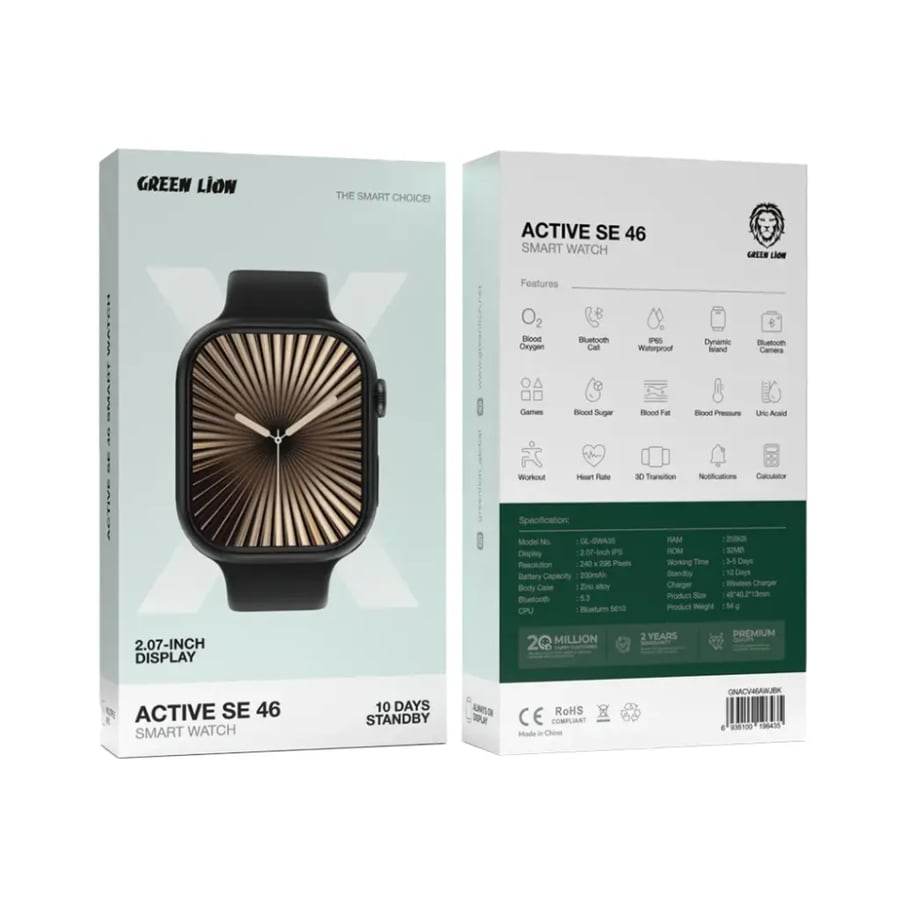 Green Lion Active SE 46 smart watch, battery capacity 200 mAh, standby mode for 10 days, wireless charger, Bluetooth 5.3 version.