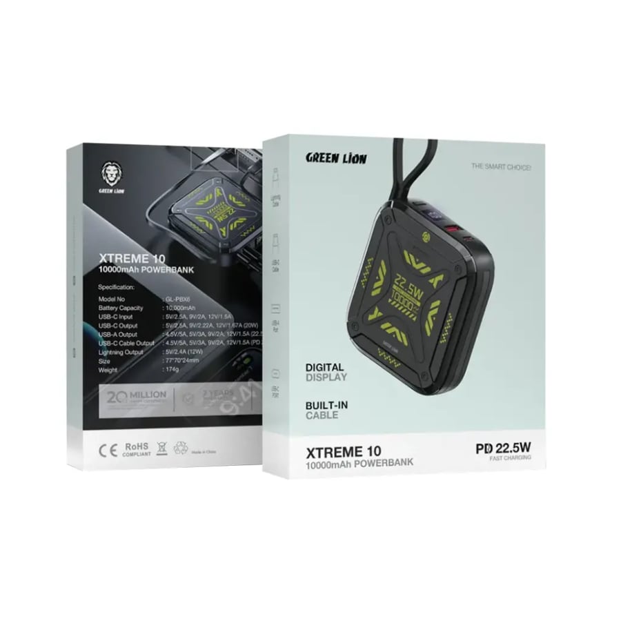 Green Lion Extreme 10 Power Bank with a capacity of 10,000 mAh, equipped with 22.5-watt fast charging technology – black
