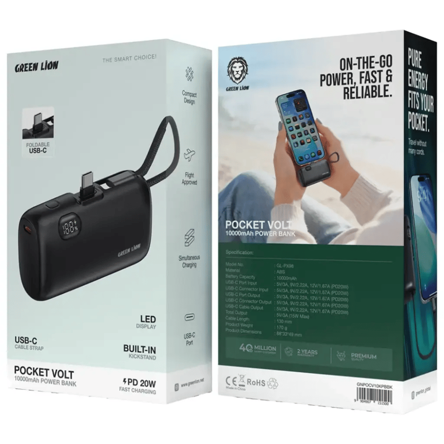بنك طاقة Green Lion Pocket Volt بسعة 10000mAh - أسود
