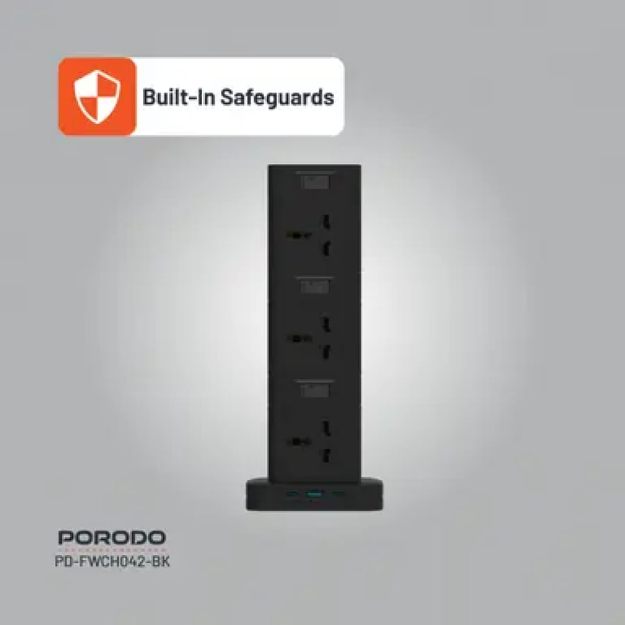 برج طاقة بورودو بي دي بقوة 20 واط مع كيو سي3.0 ومقبس + منفذين تايب سي بطول 3 أمتار أسود Porodo PD20w QC 3.0 1a + 2 Type C Socket Tower 3m - Black