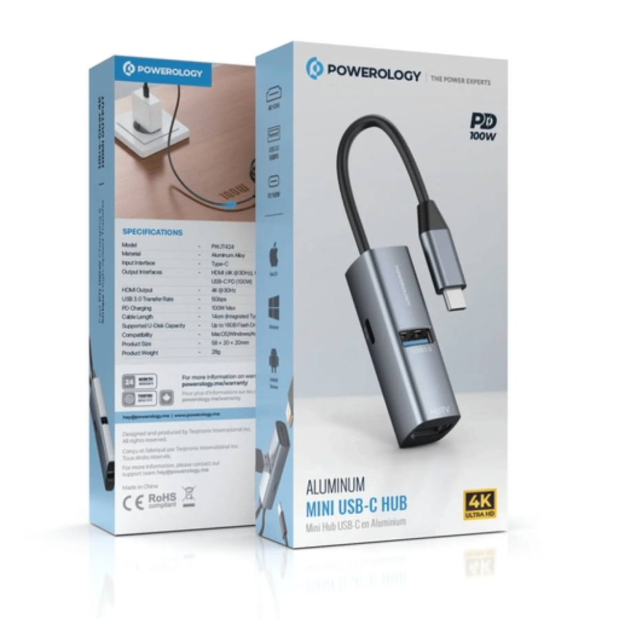 موزع الطاقة Powerology مزود بمنفذ HDMI بدقة 4K ومنفذ USB 3.0 بقدرة 100 واط مع كابل من النوع C - أسود