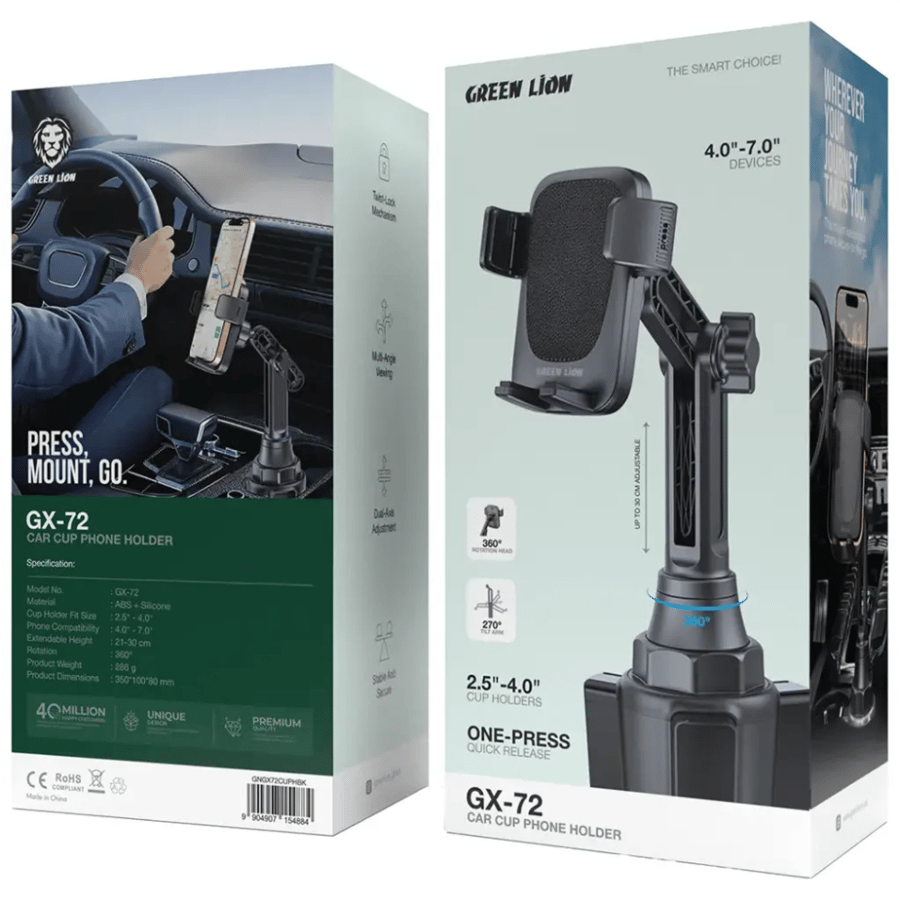حامل هاتف Green Lion GX-72 لحامل الأكواب في السيارة - أسود