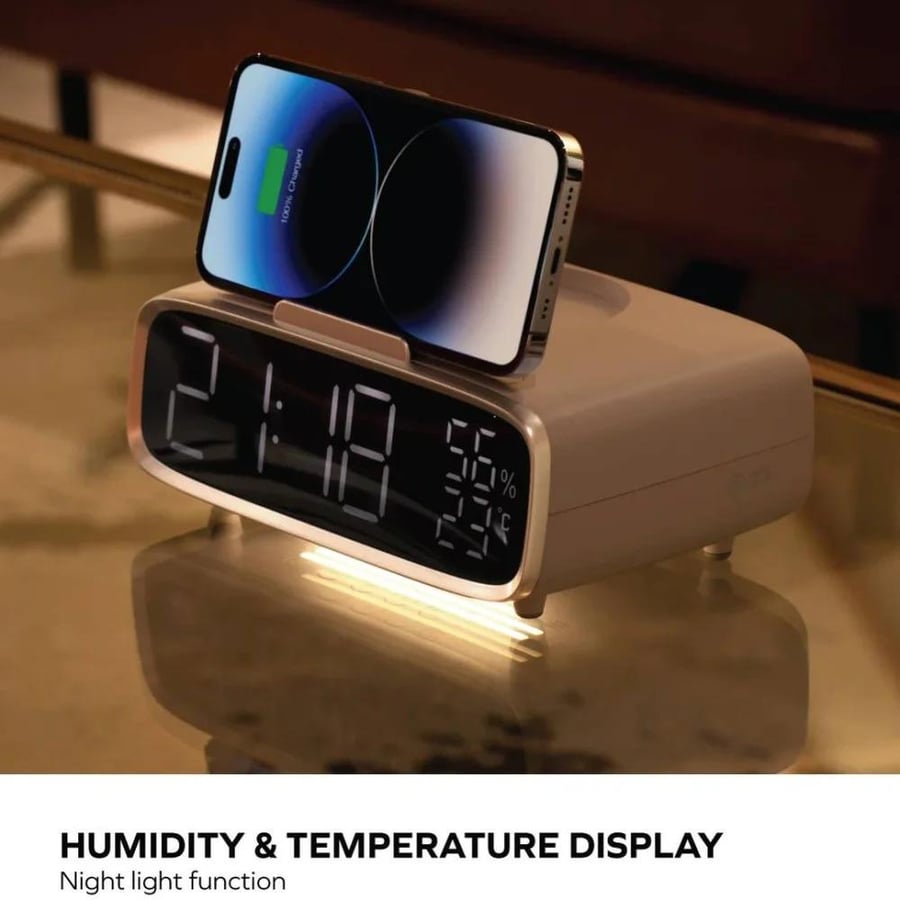 مكبر صوت وشاحن لاسلكي وساعة موماكس مع إضاءة ليلية ومنبة QC5W - أبيض
