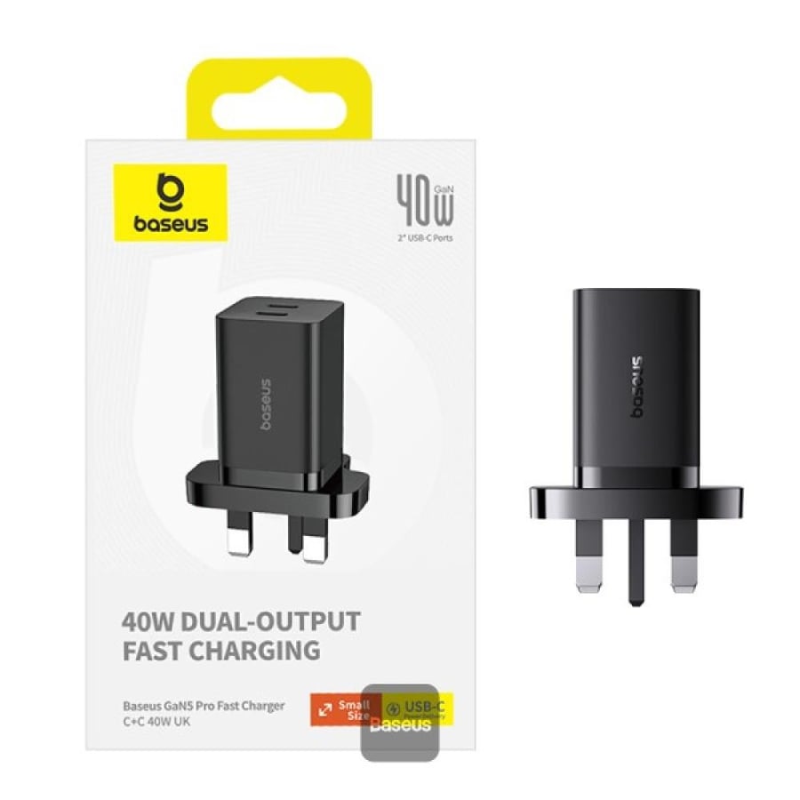 شاحن سريع Baseus PD 40W ثنائي النوع C - محول شحن USB C GaN5 Pro لأجهزة MacBook Pro وiPhone 15/14/13 وSamsung Galaxy وPixel وiPad وAirPods وiWatch - أسود