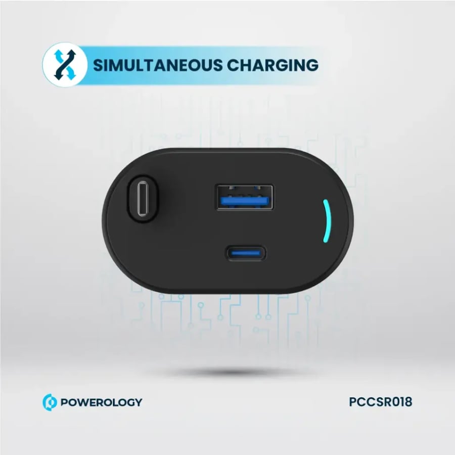 Powerology retractable car charger with Type C, 70 watt, black