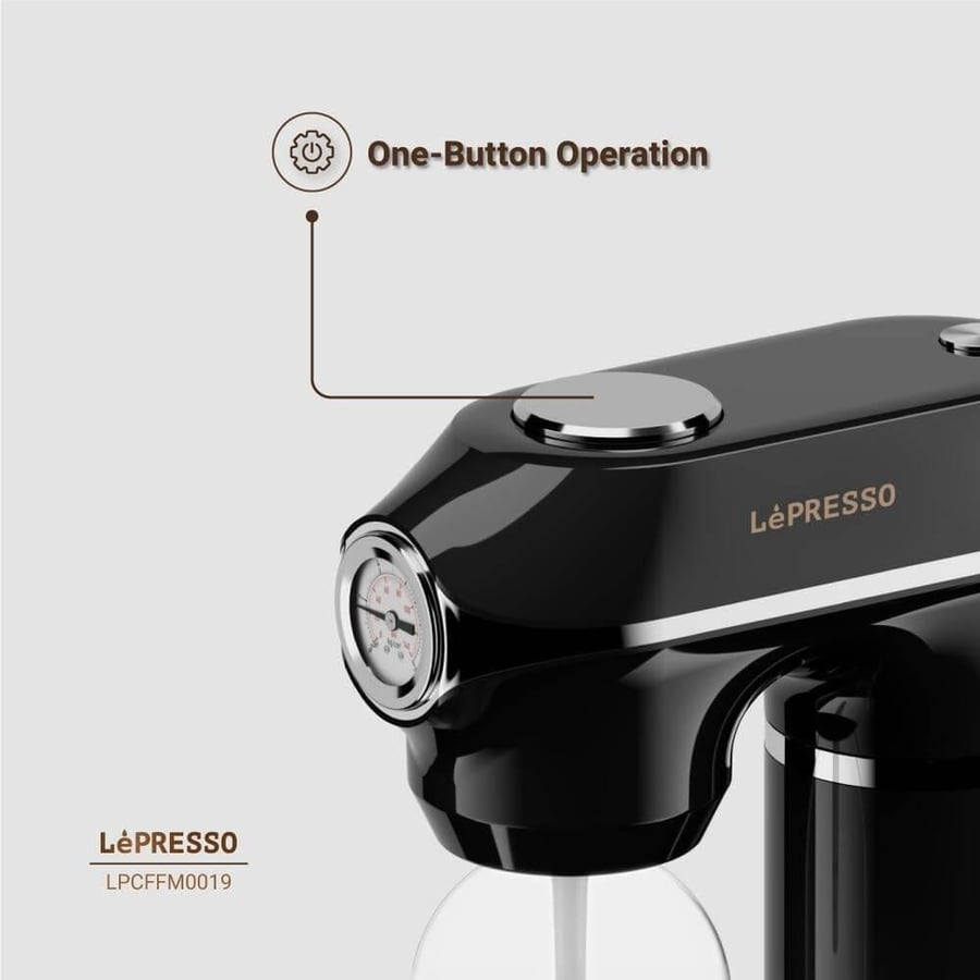 مياه غازية فورية من LePresso، مقياس ضغط، سعة 1 لتر، كربنة فعالة، زر تخفيف الضغط، صمامات أمان لتخفيف الضغط، ضبط ضغط الفوار، تشغيل بزر واحد - أسود
