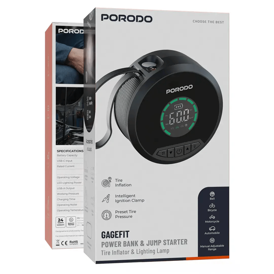 بنك طاقة ومشغل تشغيل السيارة Porodo Gagefit مع منفاخ إطارات ومصباح إضاءة - أسود