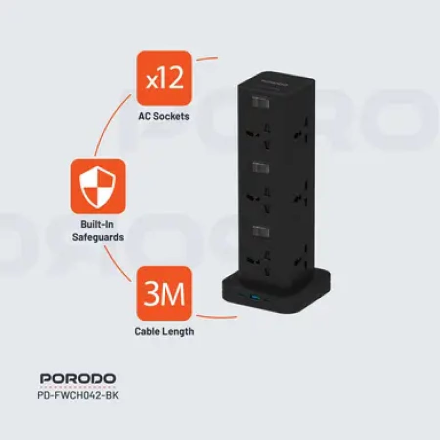 برج طاقة بورودو بي دي بقوة 20 واط مع كيو سي3.0 ومقبس + منفذين تايب سي بطول 3 أمتار أسود Porodo PD20w QC 3.0 1a + 2 Type C Socket Tower 3m - Black