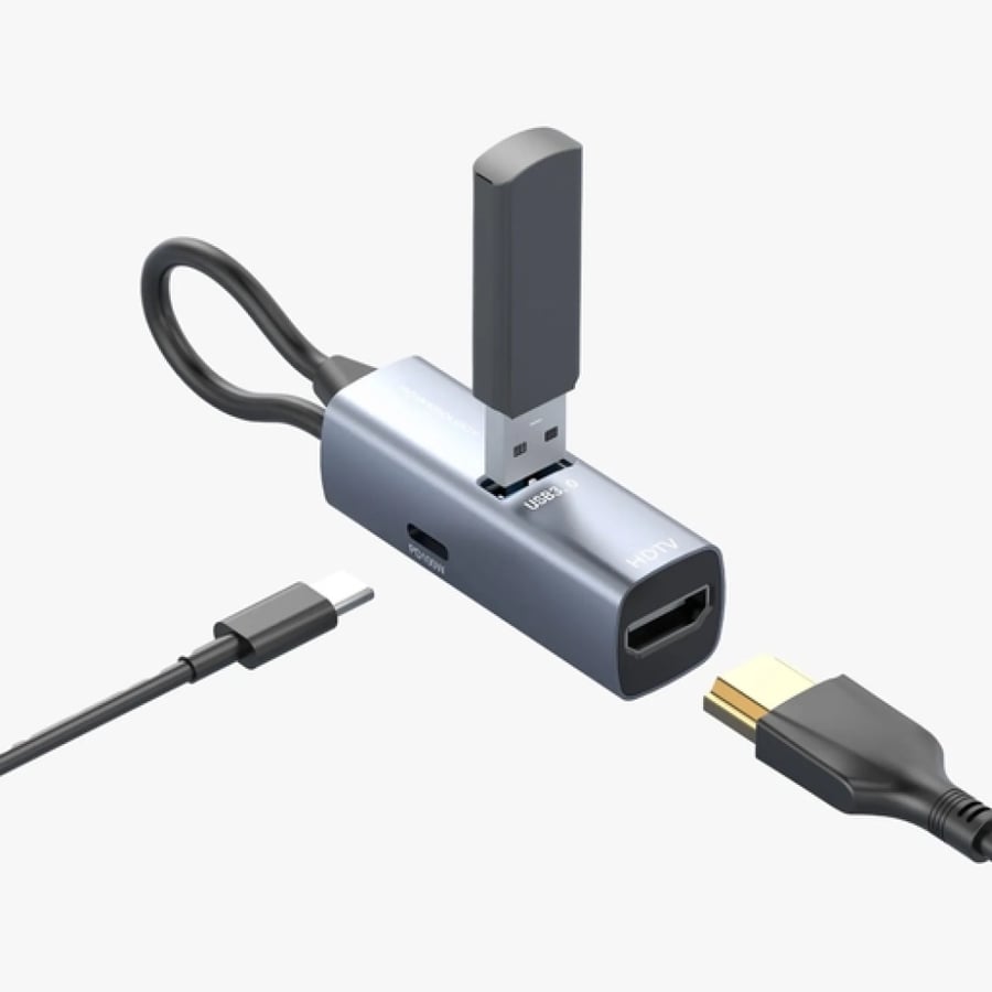 موزع الطاقة Powerology مزود بمنفذ HDMI بدقة 4K ومنفذ USB 3.0 بقدرة 100 واط مع كابل من النوع C - أسود