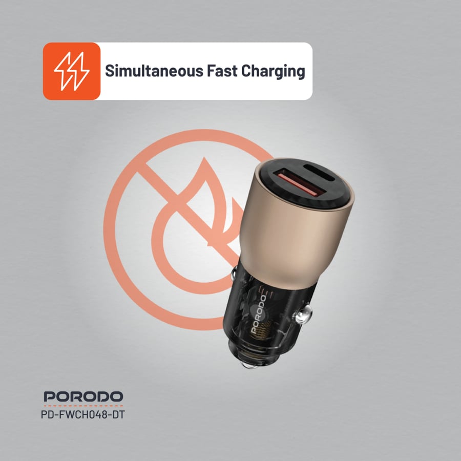 شاحن سيارة مخرجين 95 واط بورودو تيتانيوم Porodo Transparent USB A+C Port Car Charger