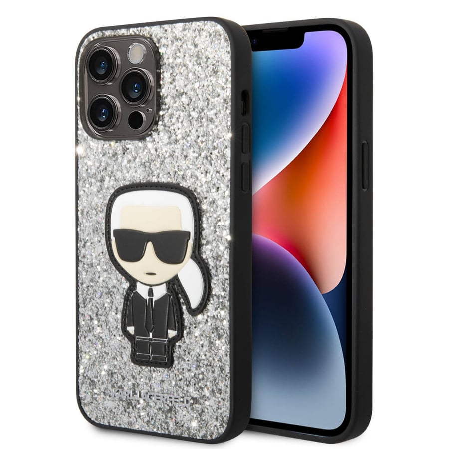 جراب Karl Lagerfeld Glitter Flakes مع رقعة Ikonik ضد الصدمات متوافق مع iPhone 14 Pro Max - فضي