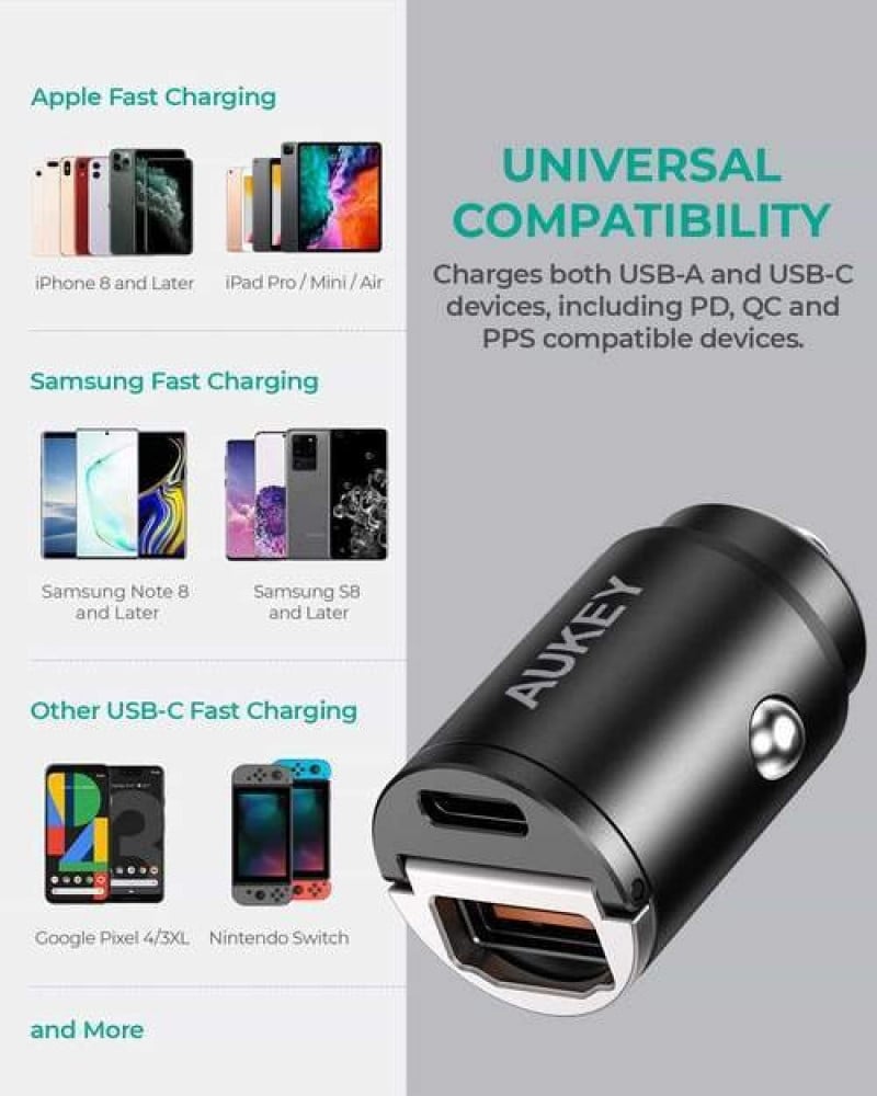 AUKEY CC-A3 NANO dual port car charger with 30-watt power delivery and fast charging