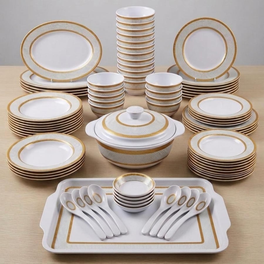 Complete 87-piece melamine dining set - with gold design