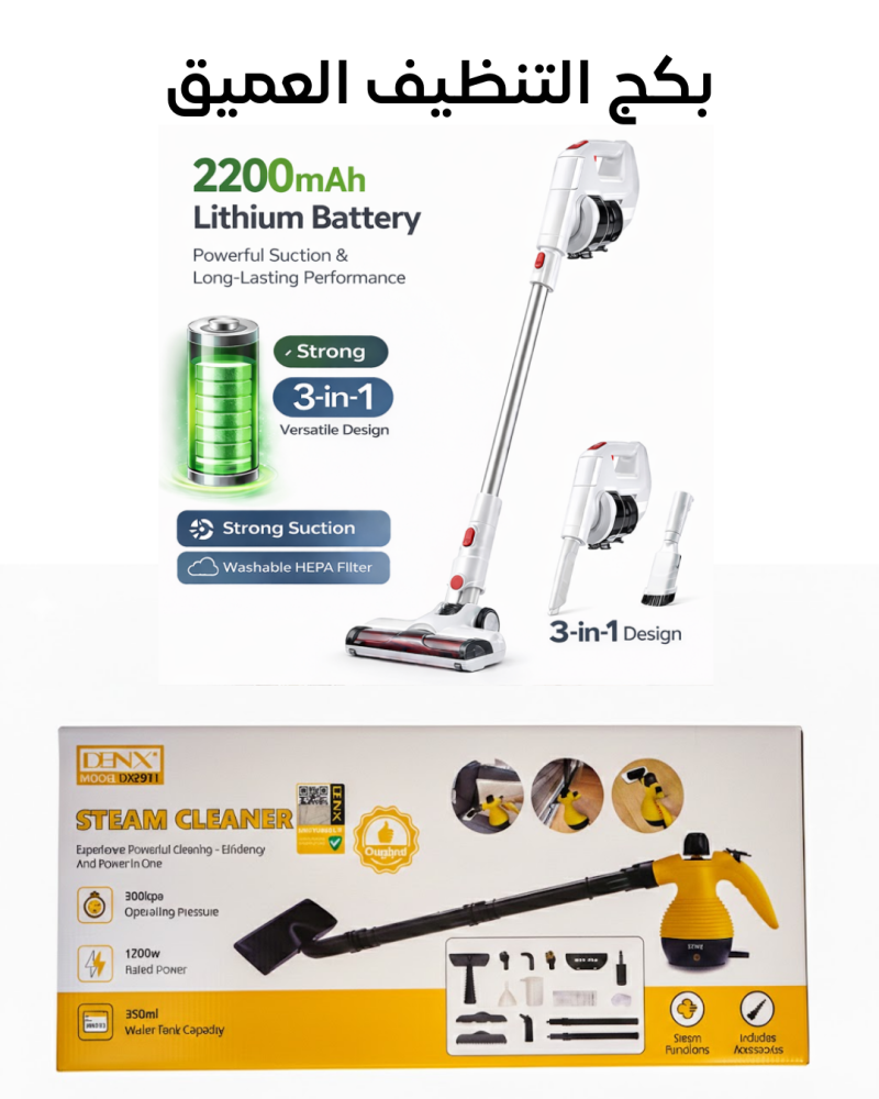 Deep cleaning package: wireless vacuum cleaner + steam device, long stick