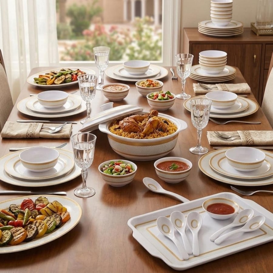 Complete 87-piece melamine dining set - with gold design