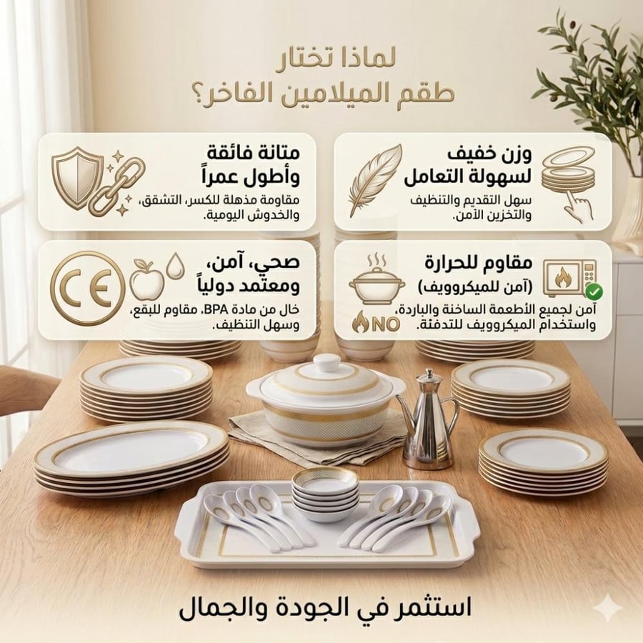 Complete 87-piece melamine dining set - with gold design