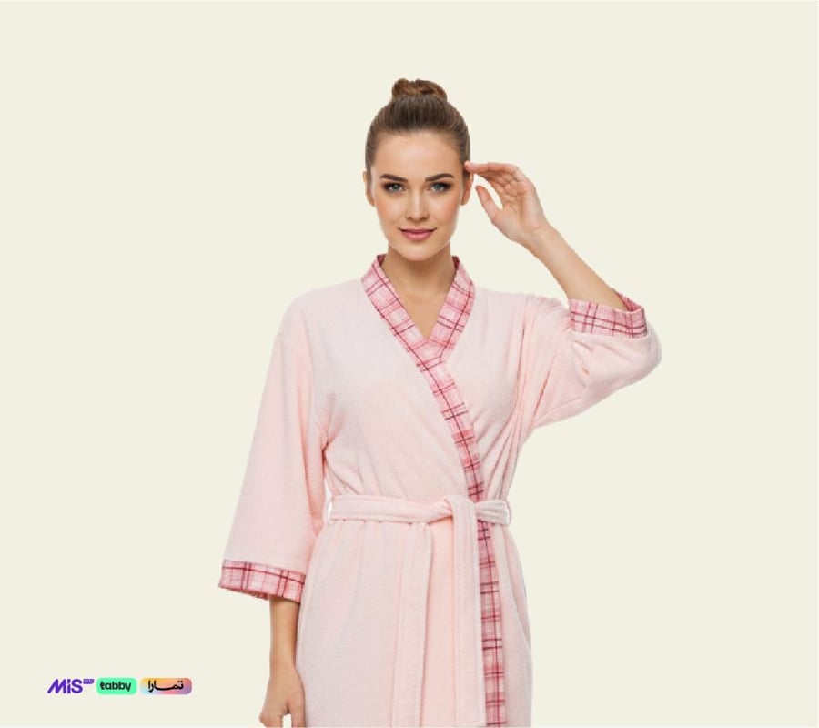 Bathrobe with decorated edge, large size, single piece, rose