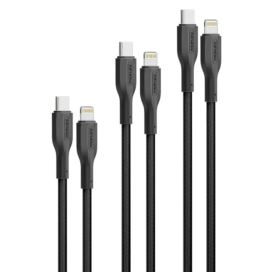 بروميت -  مجموعة كيابل ثلاثية USB-C™إلى لايتنينغ بقدرة 27 واط، بأطوال متعددة (0.3 متر، 1.2 متر، و2 متر)، للشحن ونقل البيانات في آن واحد مع تصميم قوي مقاوم للتشابك باختبار انحناء أكثر من 25000 مرة