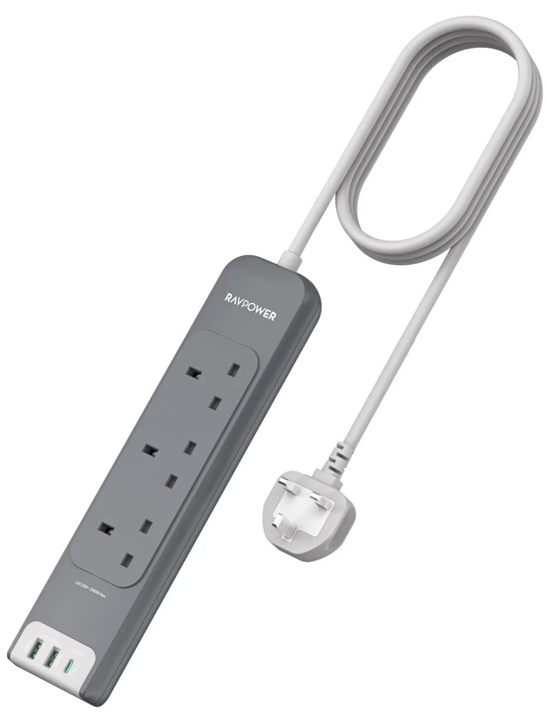 راف باور - توصيلة راف باور 3 منافذ طاقة ومنفذين USB-A ومنفذ USB-C بطول 3 متر - رمادي