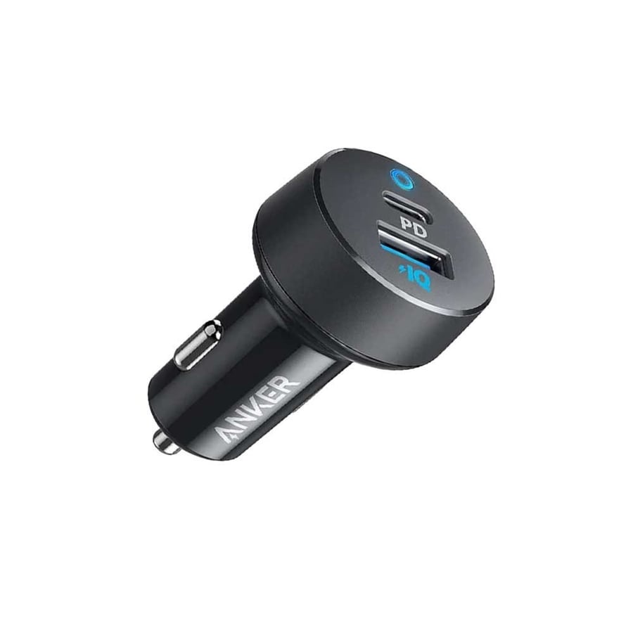انكر - شاحن سيارة باوردرايف كلاسيك 30 واط بمنفذ USB ومنفذ تايب سي مع سلك شاحن 0.9 سم من USB-C الى لايتنينق - اسود