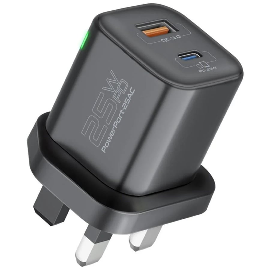 بروميت - رأس شاحن الحائط PowerPort-25AC مزود بمخرج USB-C لتوصيل الطاقة بقوة 25 واط بالإضافة إلى مخرج QC 3.0 بقوة 18 واط للشحن السريع