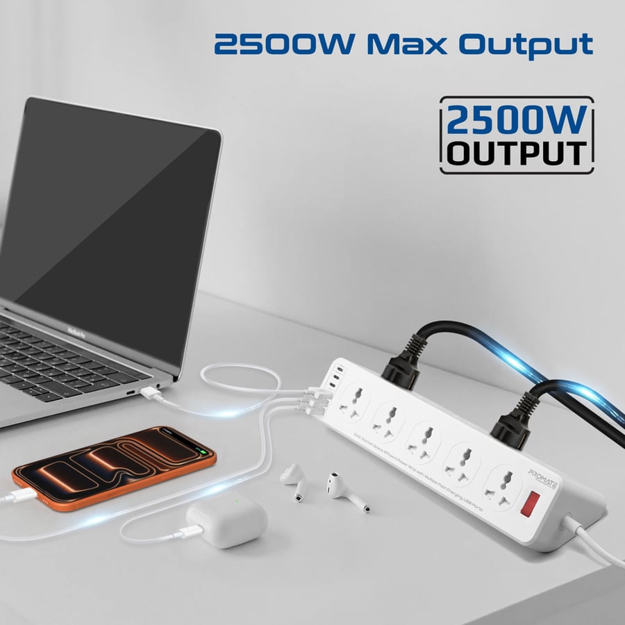 بروميت - مشترك كهربائي بقدرة ‎2500W‎ مع ‎10‎ منافذ كهربائية و‎6‎ منافذ USB تشمل ‎USB-C PD‎ بقدرة ‎33W‎ وتقنية PPS للشحن السريع. مزود بحماية من زيادة التيار، وكابل قوي بطول ‎5‎ أمتار وتصميم آمن مقاوم للحرارة.