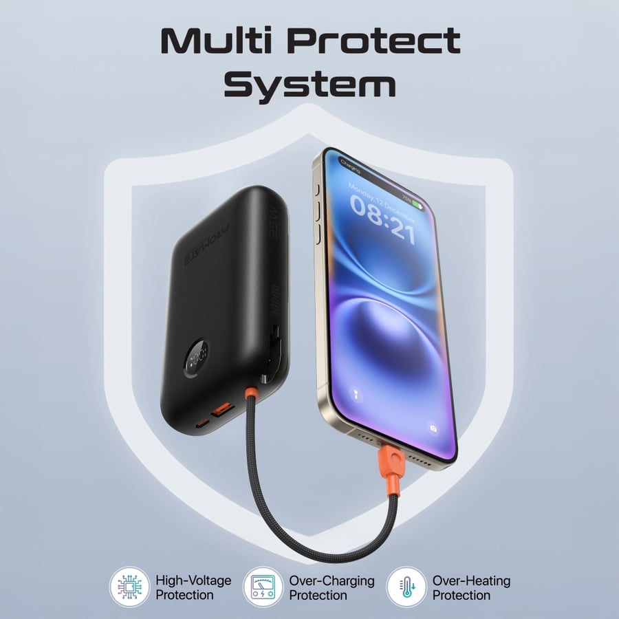 بروميت - بطارية متنقلة قوية 30000mAh مع شحن سريع 35 واط عبر كيبل USB-C مدمج، كيبل لايتنينغ 27 واط، تقنية Qualcomm Quick Charge 3.0، حماية من الشحن الزائد والحرارة - متعدد الالوان