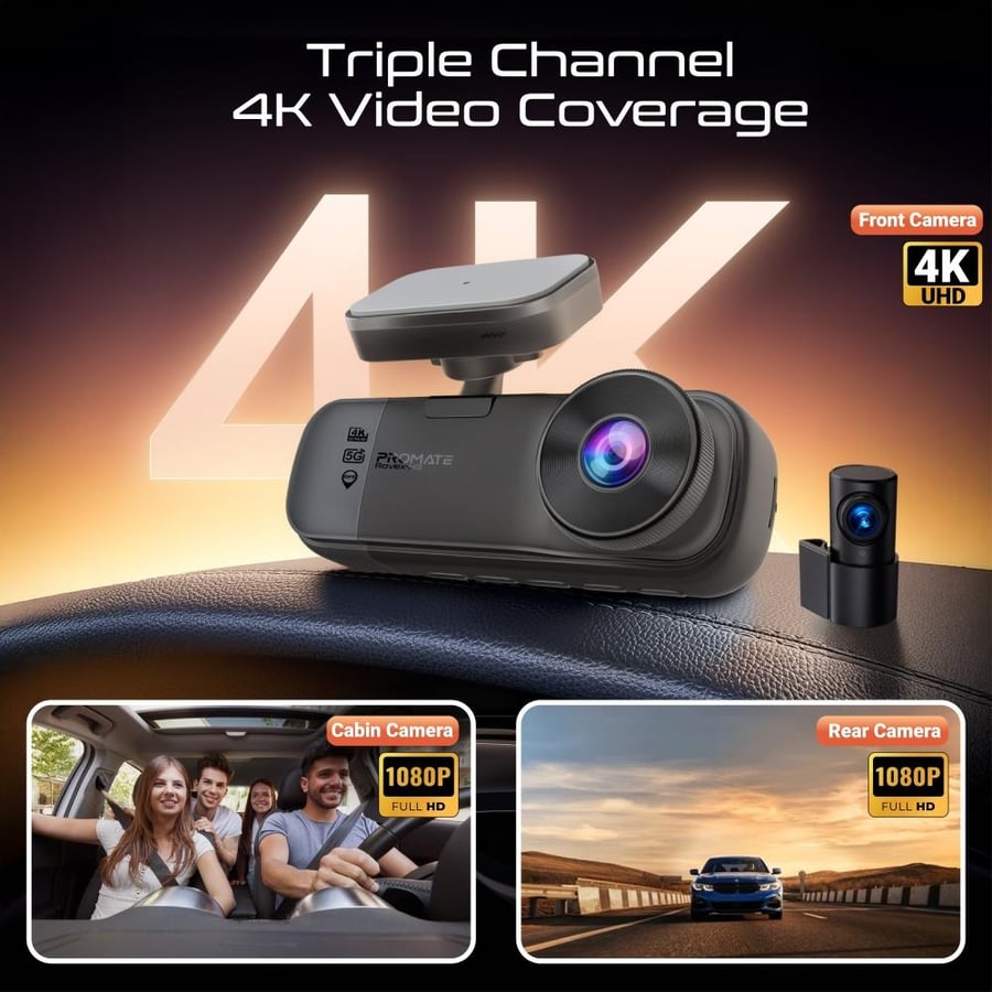 بروميت - داش كام كاميرا سيارة ثلاثية العدسات بدقة ‎4K‎ لتصوير أمامي وداخلي وخلفي بوضوح فائق، مزودة بنظام ‎GPS‎ و‎WiFi‎ مزدوج، وتقنية ‎ADAS‎ للقيادة الذكية،