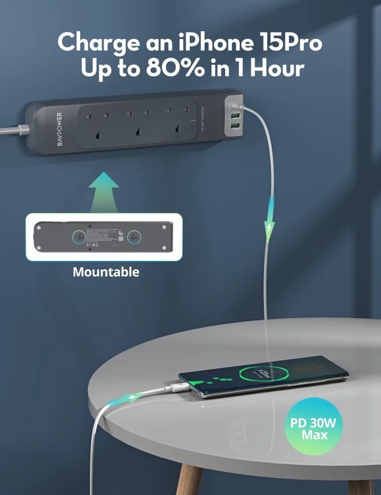 راف باور - توصيلة راف باور 3 منافذ طاقة ومنفذين USB-A ومنفذ USB-C بطول 3 متر - رمادي