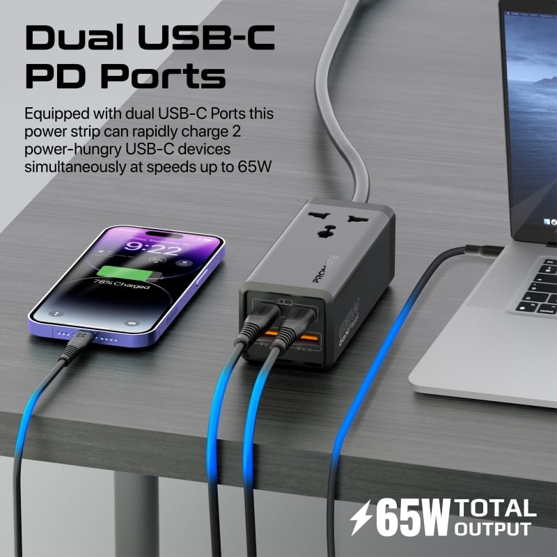 بروميت - موزع طاقة 65 واط بتقنية GaNFast متعدد المنافذ 5 في 1 مع مقبس AC بقوة 2500 واط، ومنفذي USB-C™ بتقنية توصيل طاقة، ومنفذي QC 3.0، وكابل بطول 2 متر – الحل الأمثل لأجهزتك الإلكترونية والمستلزمات المنزلية!