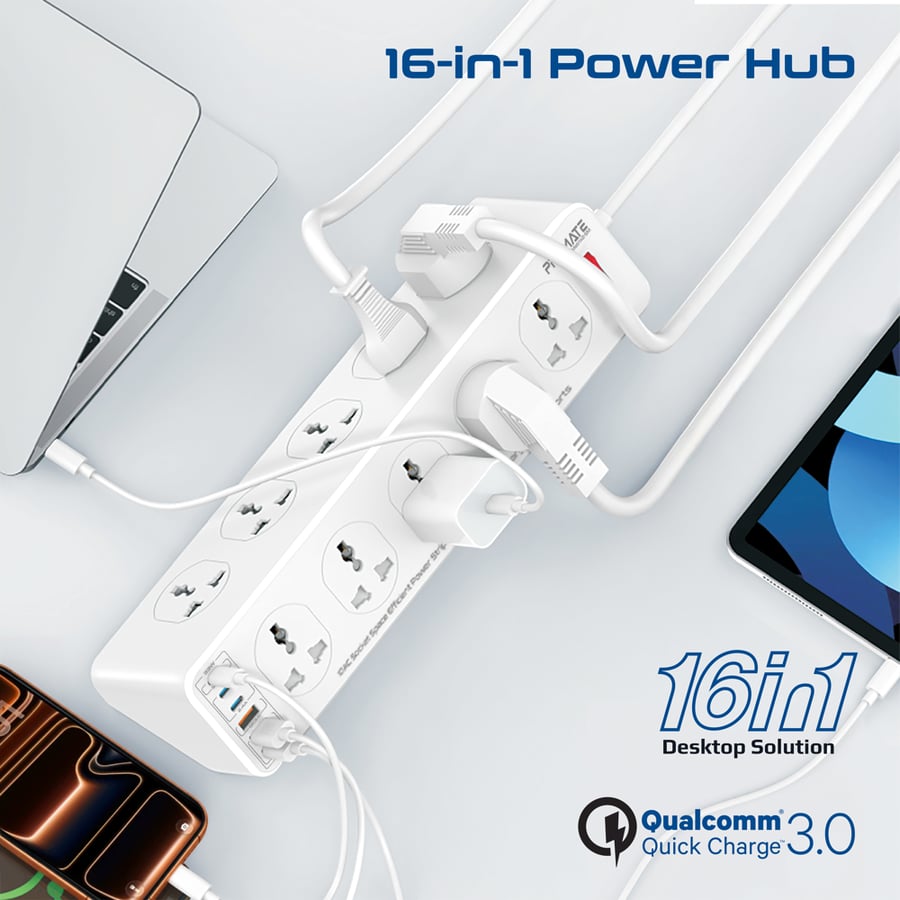 بروميت - مشترك كهربائي بقدرة ‎2500W‎ مع ‎10‎ منافذ كهربائية و‎6‎ منافذ USB تشمل ‎USB-C PD‎ بقدرة ‎33W‎ وتقنية PPS للشحن السريع. مزود بحماية من زيادة التيار، وكابل قوي بطول ‎5‎ أمتار وتصميم آمن مقاوم للحرارة.