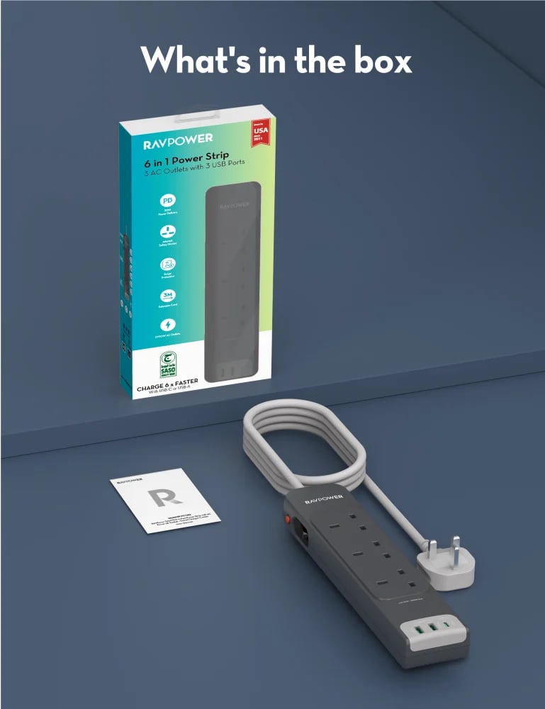 راف باور - توصيلة راف باور 3 منافذ طاقة ومنفذين USB-A ومنفذ USB-C بطول 3 متر - رمادي