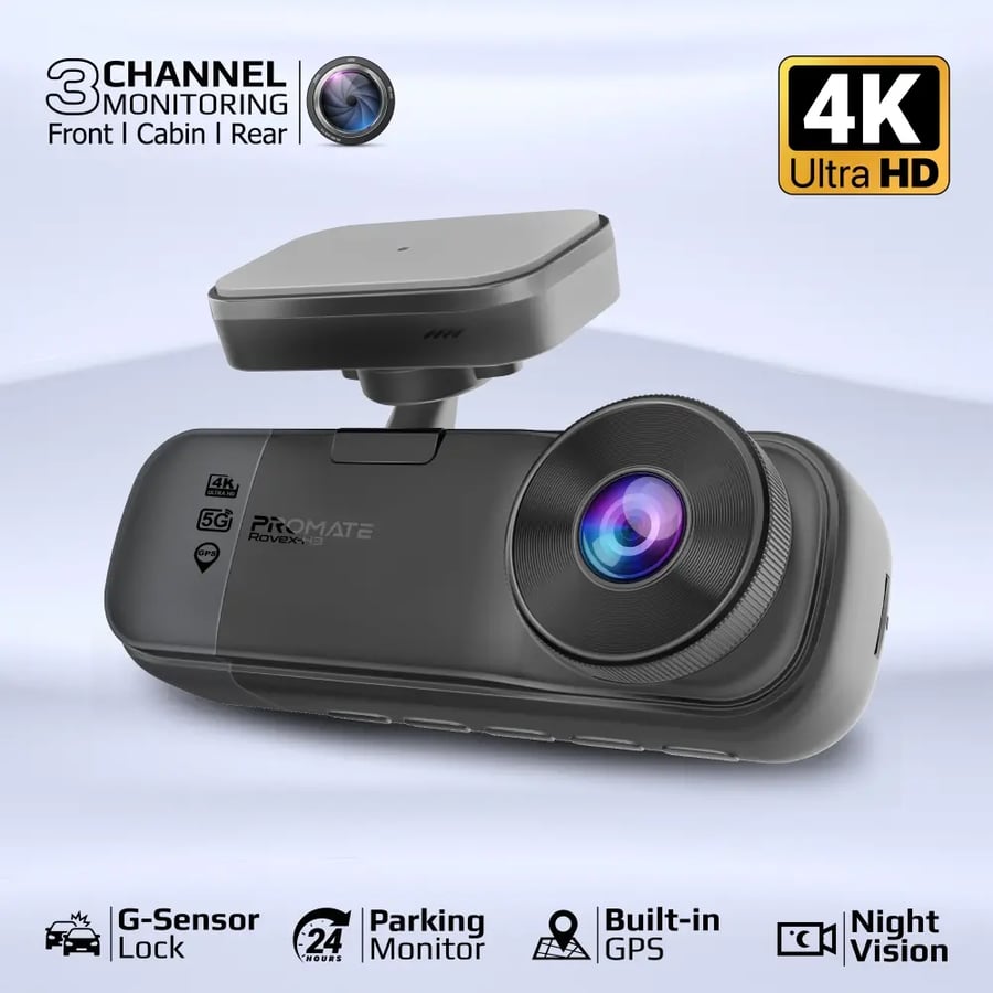 بروميت - داش كام كاميرا سيارة ثلاثية العدسات بدقة ‎4K‎ لتصوير أمامي وداخلي وخلفي بوضوح فائق، مزودة بنظام ‎GPS‎ و‎WiFi‎ مزدوج، وتقنية ‎ADAS‎ للقيادة الذكية،