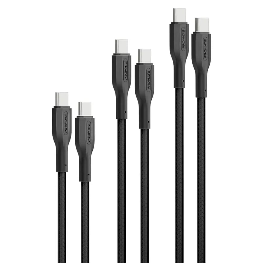 بروميت -  مجموعة كيابل ثلاثية USB-C™إلى لايتنينغ بقدرة 27 واط، بأطوال متعددة (0.3 متر، 1.2 متر، و2 متر)، للشحن ونقل البيانات في آن واحد مع تصميم قوي مقاوم للتشابك باختبار انحناء أكثر من 25000 مرة
