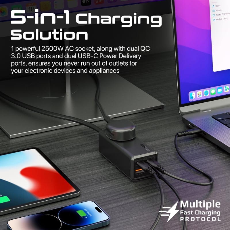 بروميت - موزع طاقة 65 واط بتقنية GaNFast متعدد المنافذ 5 في 1 مع مقبس AC بقوة 2500 واط، ومنفذي USB-C™ بتقنية توصيل طاقة، ومنفذي QC 3.0، وكابل بطول 2 متر – الحل الأمثل لأجهزتك الإلكترونية والمستلزمات المنزلية!