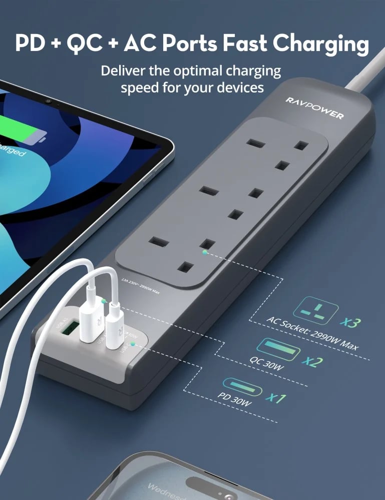 راف باور - توصيلة راف باور 3 منافذ طاقة ومنفذين USB-A ومنفذ USB-C بطول 3 متر - رمادي