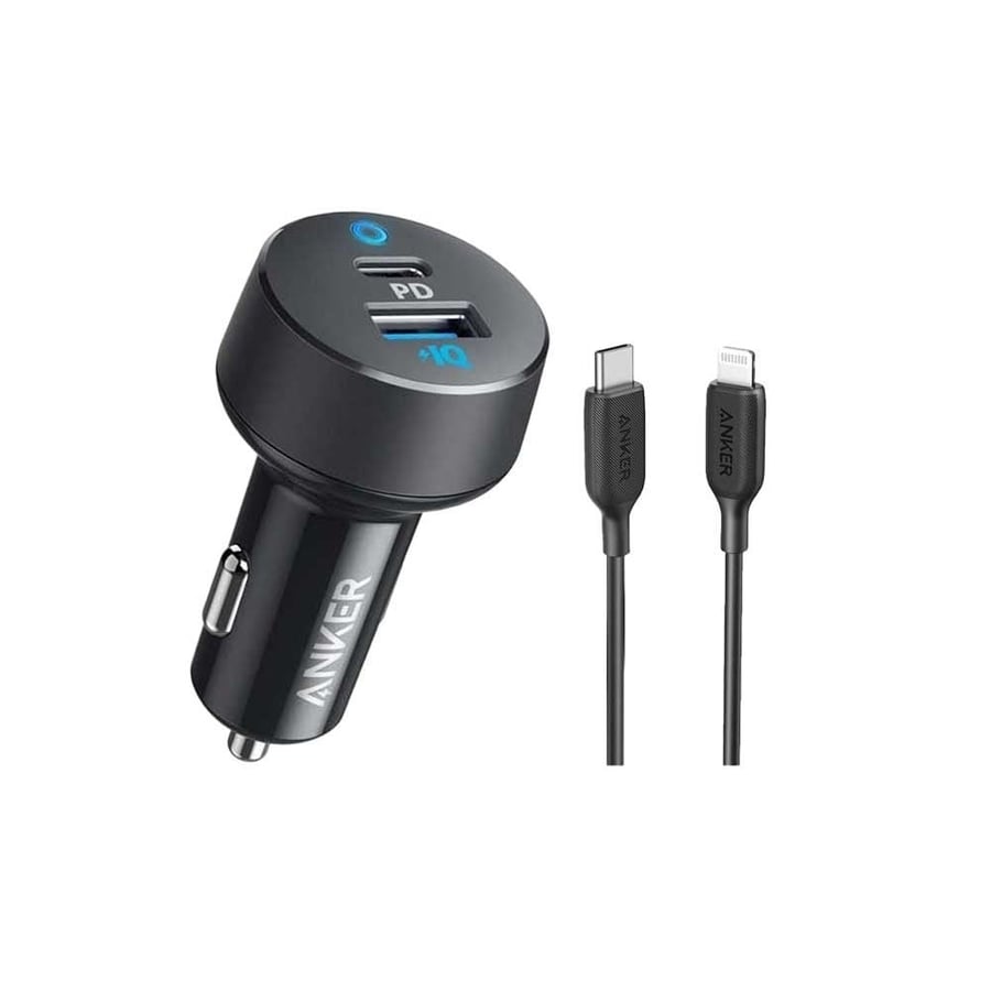 انكر - شاحن سيارة باوردرايف كلاسيك 30 واط بمنفذ USB ومنفذ تايب سي مع سلك شاحن 0.9 سم من USB-C الى لايتنينق - اسود