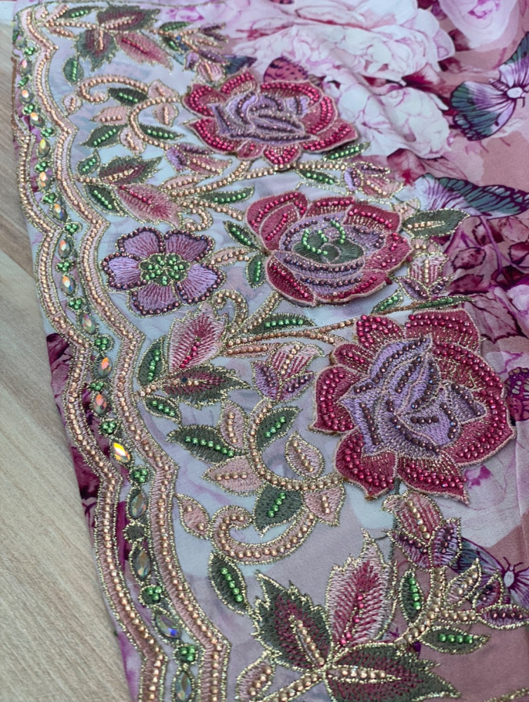 Cotton fabric, Shoukat Digital, and 3D work, size 6, with plain shila