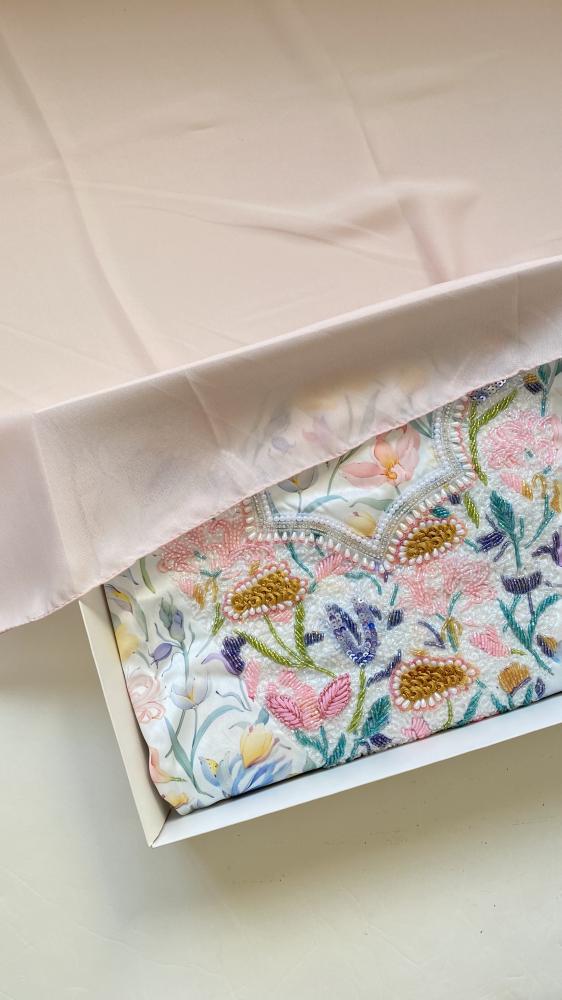 Italian silk fabric with beadwork, embroidery, and rhinestones