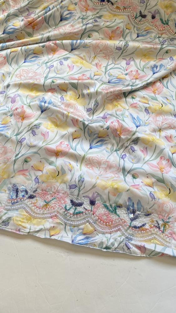 Italian silk fabric with beadwork, embroidery, and rhinestones