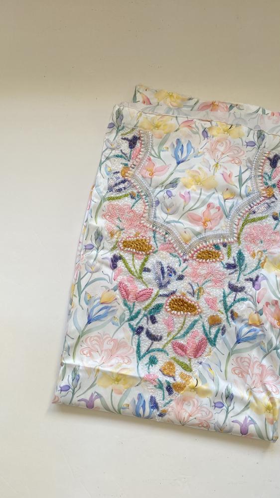 Italian silk fabric with beadwork, embroidery, and rhinestones