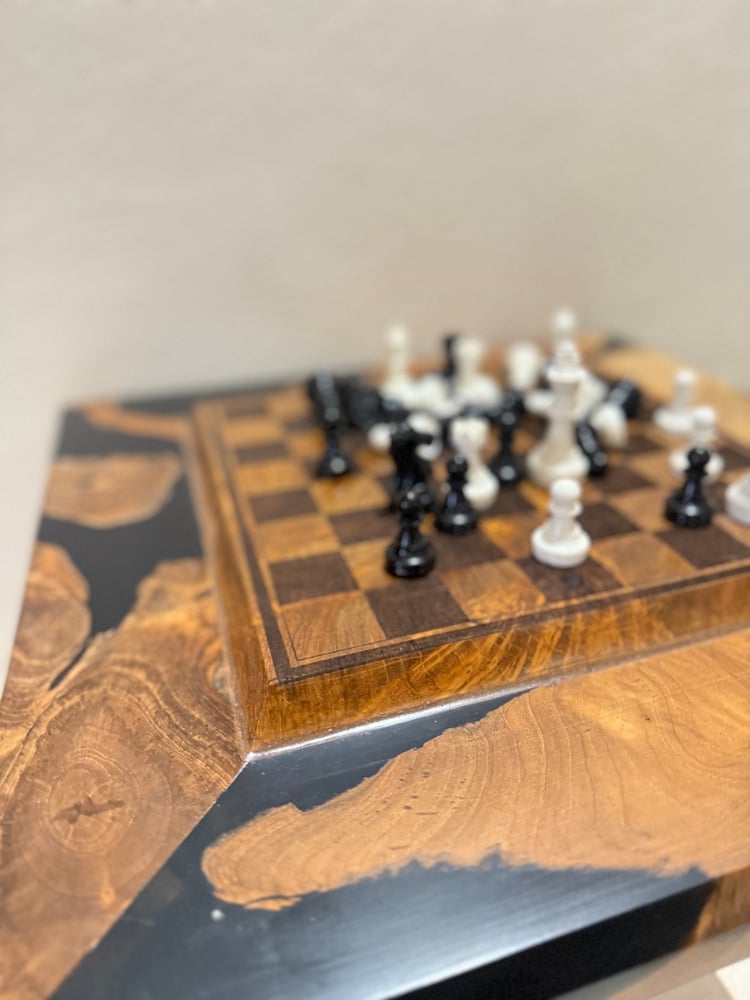 Chess table made of teak wood and black epoxy and laser engraving 46 cm × 46 cm height 50 cm