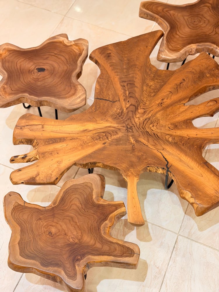 A set of tables made of teak wood, medium size, 80 cm diameter, random, with service tables, 38 cm diameter, 50 cm height.