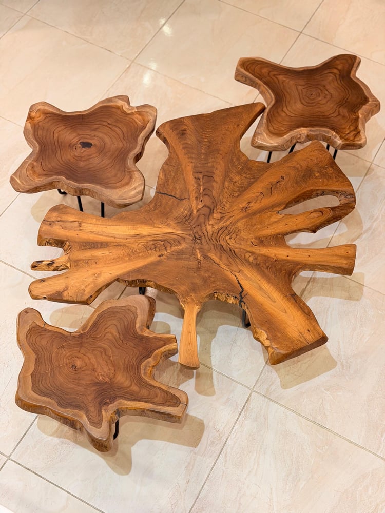 A set of tables made of teak wood, medium size, 80 cm diameter, random, with service tables, 38 cm diameter, 50 cm height.